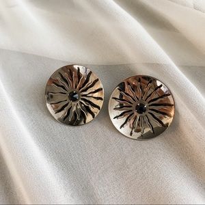 VTG Silver Round Sun Black Jewel Clip Earrings